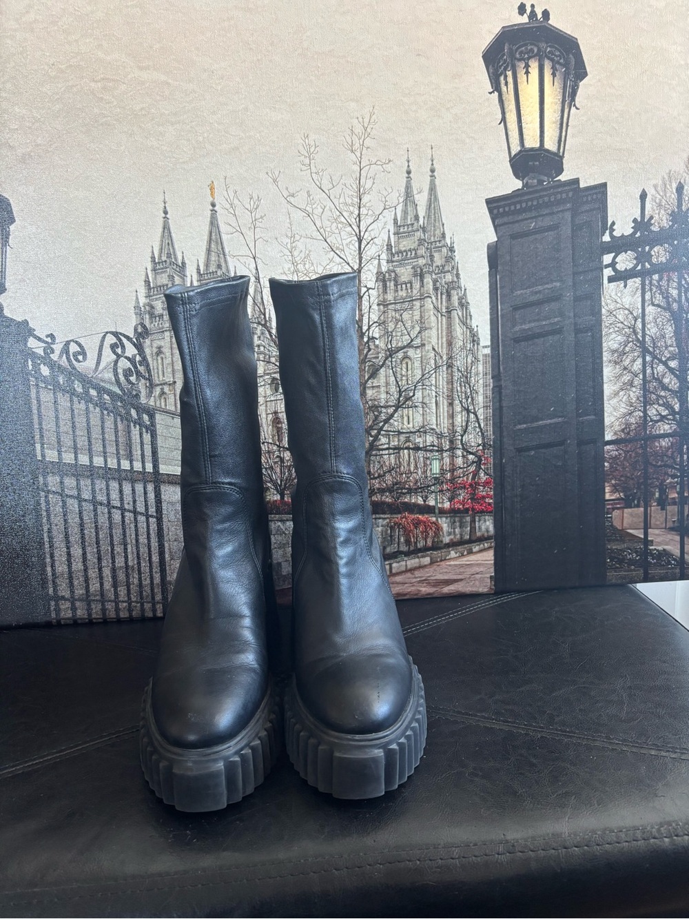 AGL Black Leather Chunky Platform Mid-Calf Boots